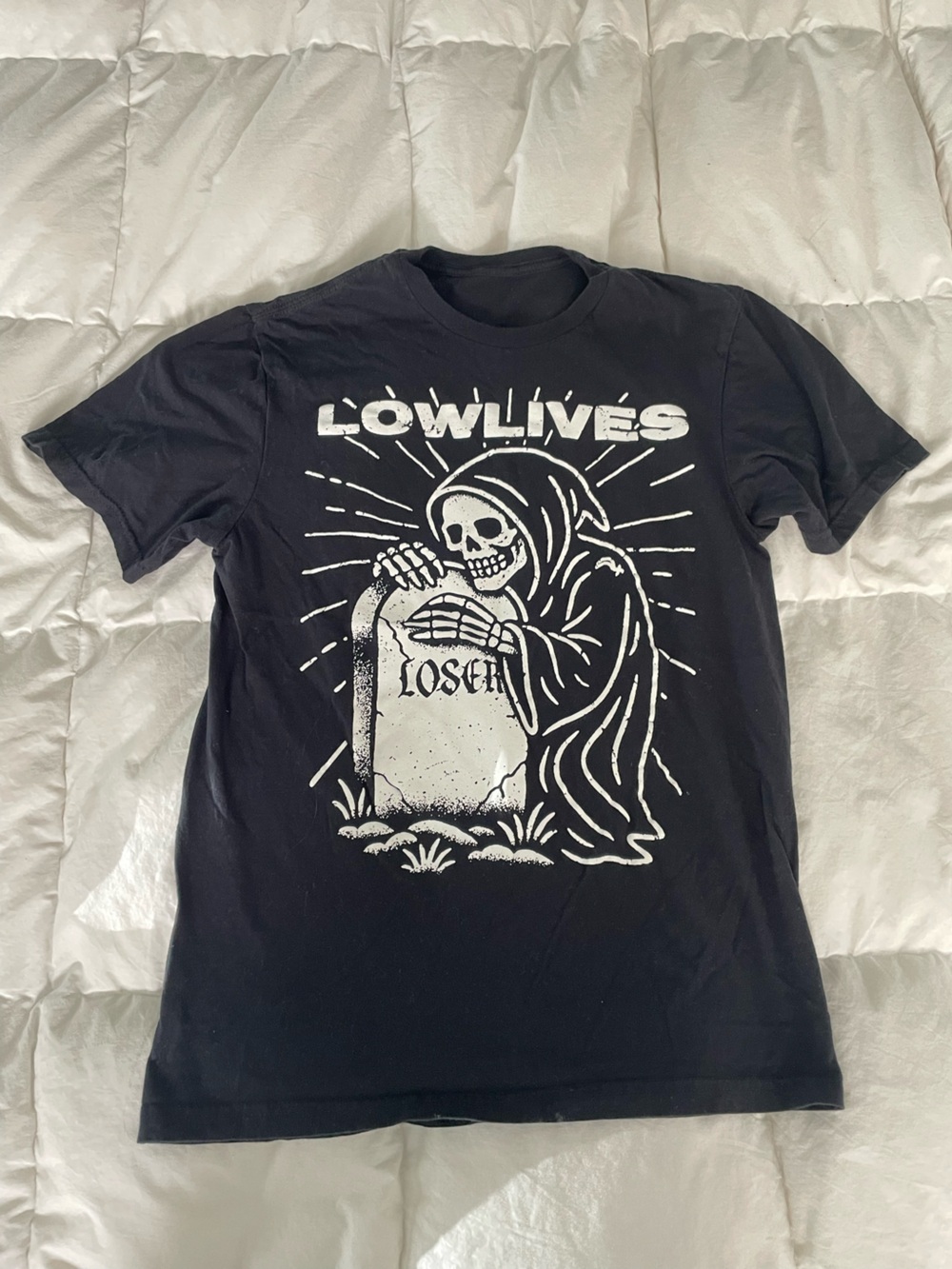 LowLives Black Graphic Tee with Grim Reaper Design sz S